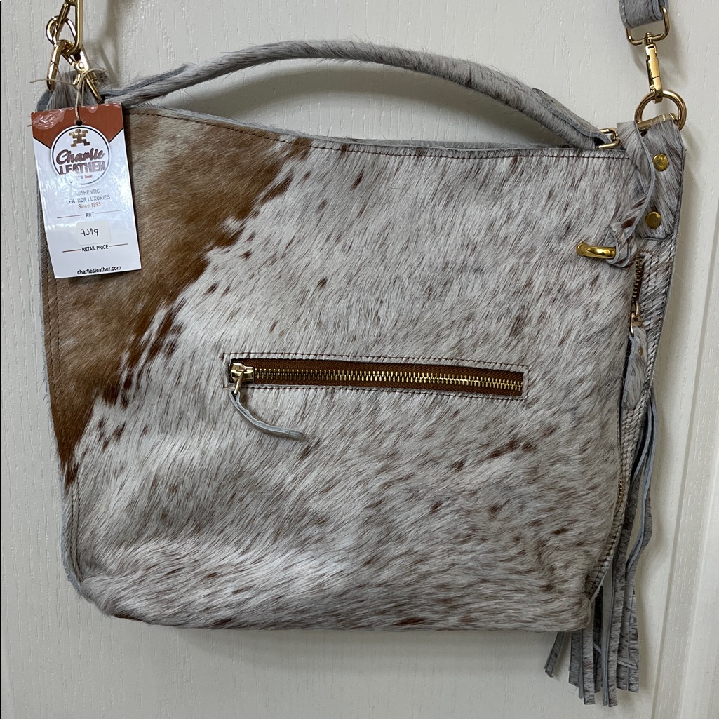 Charlie Leather Cowhide Shoulder Bag In Brown & White